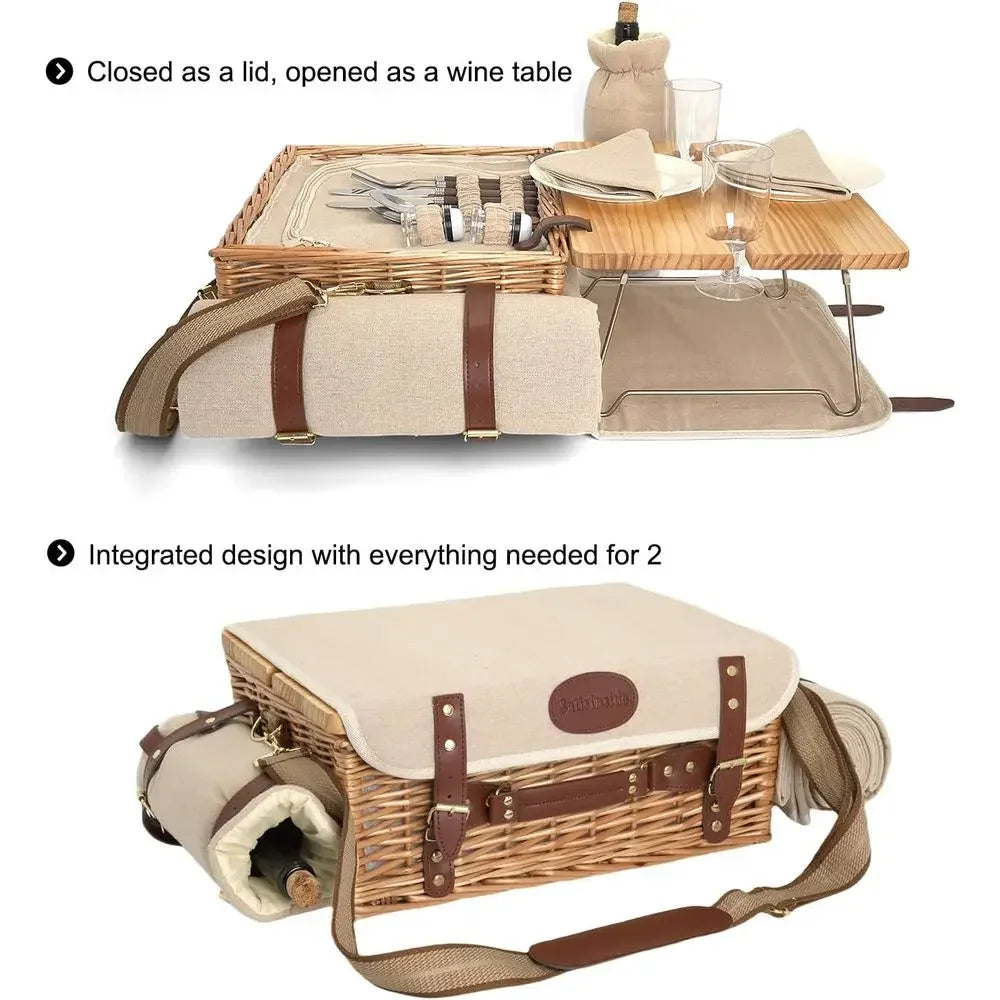 Double-Layered Wicker Picnic Basket With Insulated Liners And Portable Table