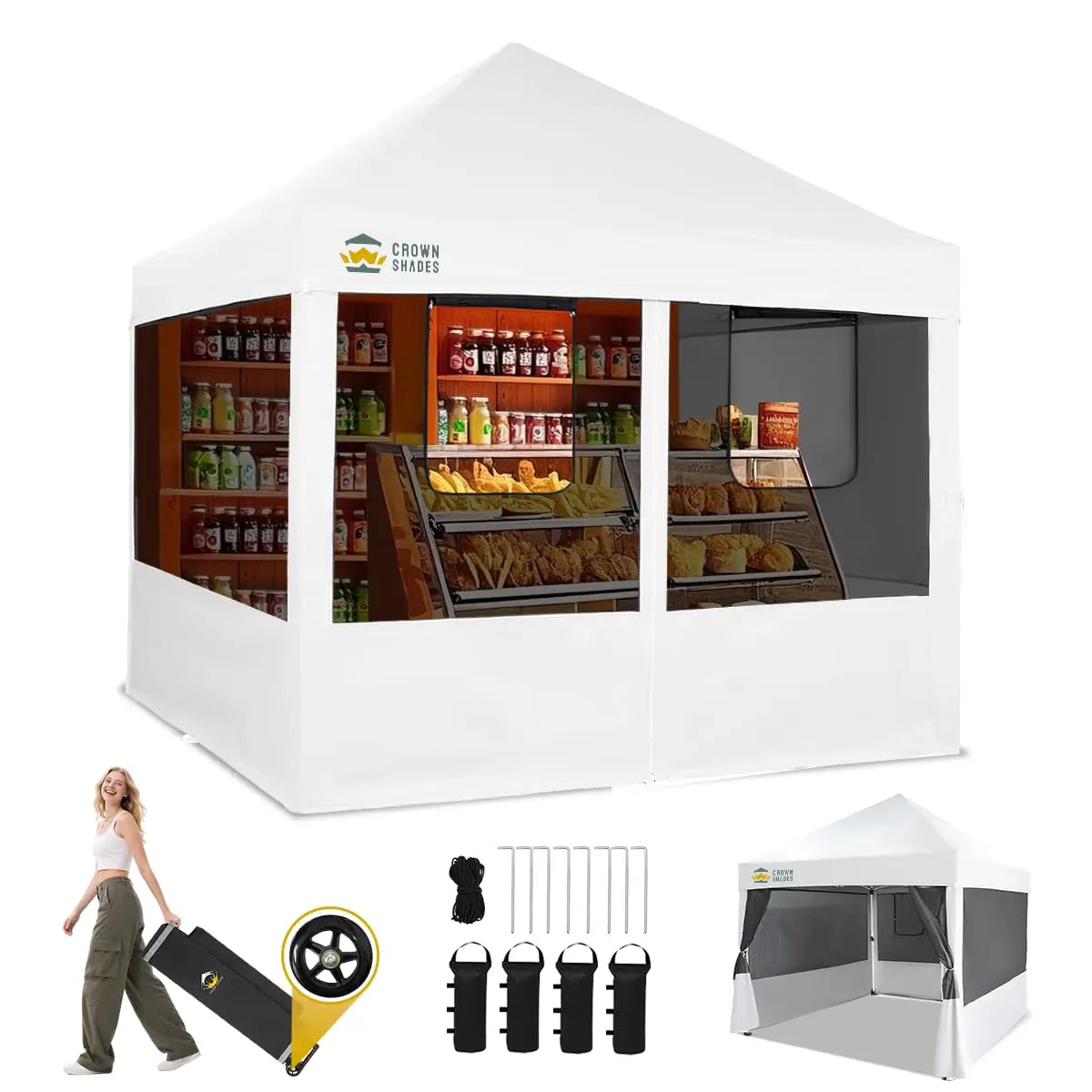 Pop Up Canopy Tent with 4 Mosquito Netting, white 400D fabric, instant centerlock; Crown Shades logo visible