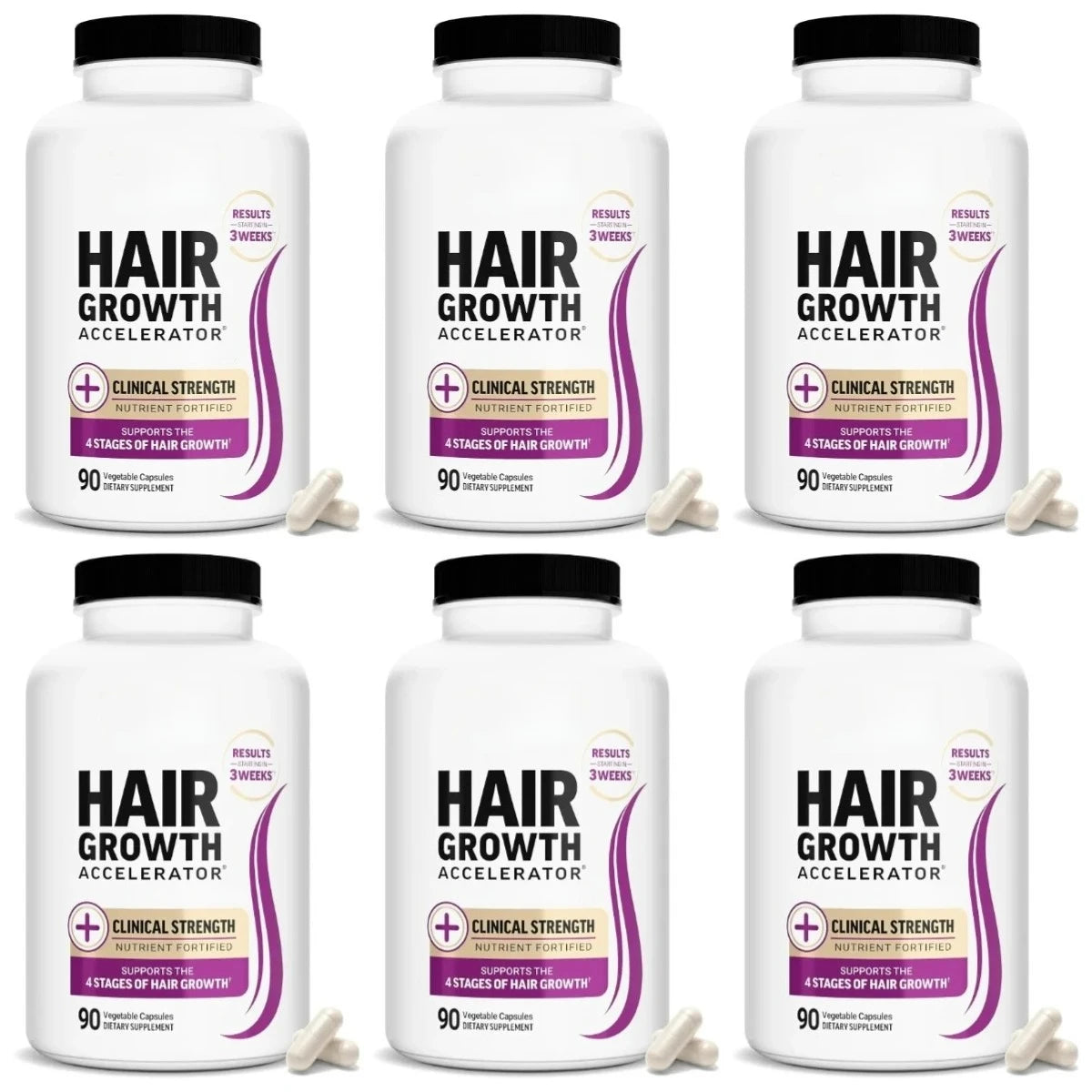 Six white Hair Growth Accelerator vitamin bottles with black caps and purple label accents, capsules shown.