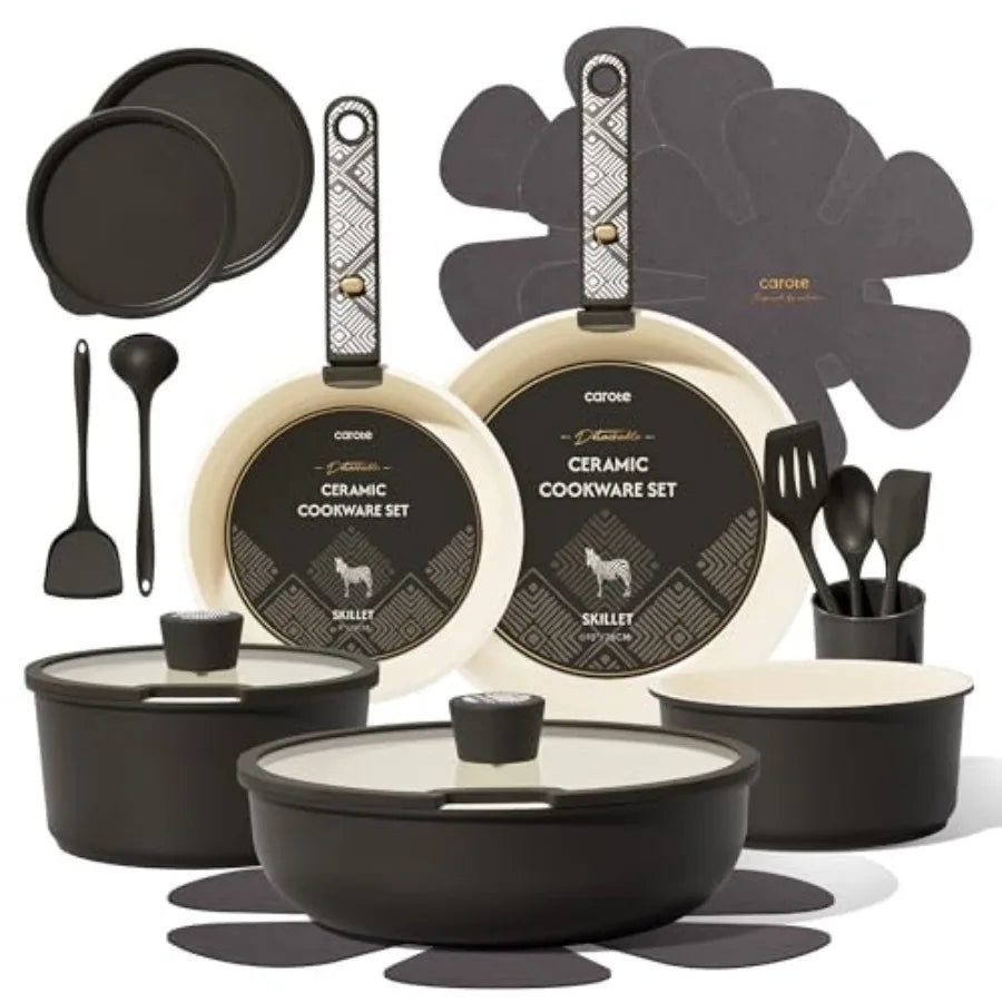 Ceramic cookware set by S And B Enterprise; nonstick pots and pans with detachable handles, lids, induction and oven safe.