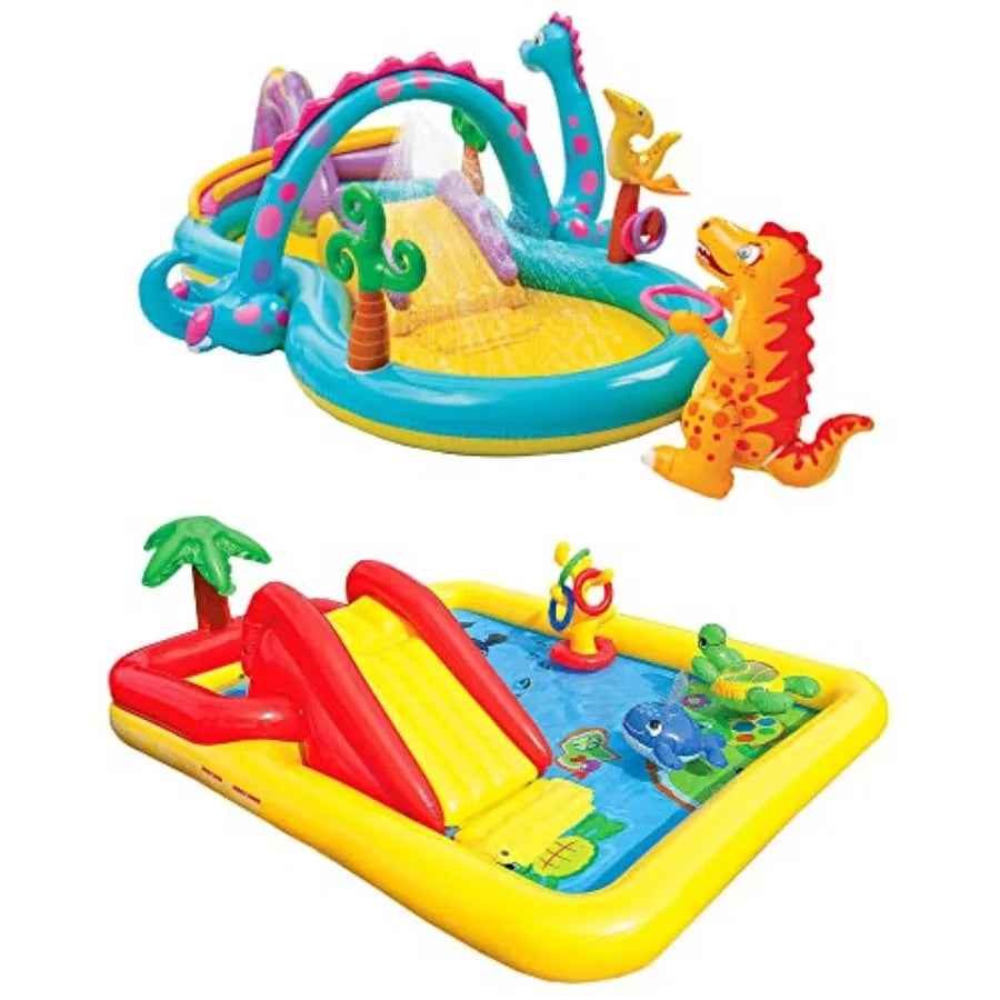 Dinoland backyard inflatable toddler pool set; two inflatable pools with slides and water sprayers in multicolor.