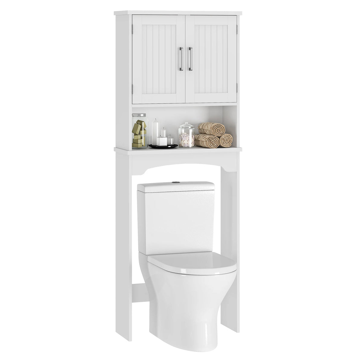 Over-the-Toilet bathroom storage cabinet by S And B Enterprise in white with double doors and open shelf.