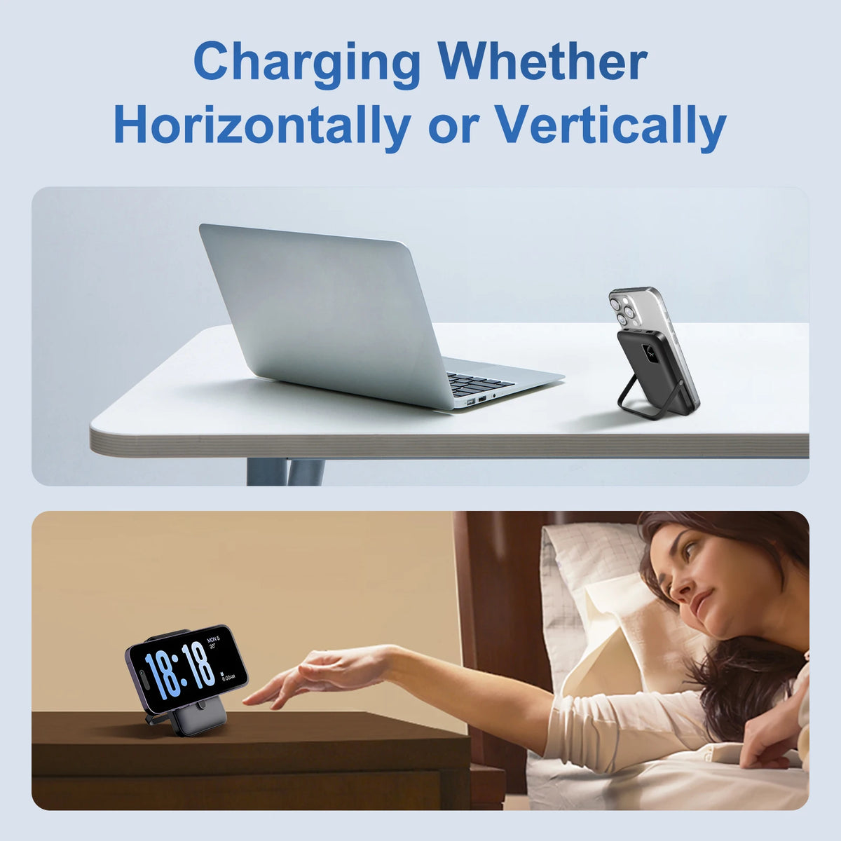 Magnetic power bank 10000mAh wireless charger; black portable battery beside laptop on desk