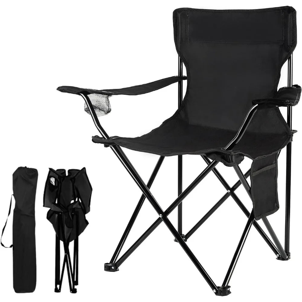 Lightweight folding camp chair, black fabric with steel frame; includes carry bag.