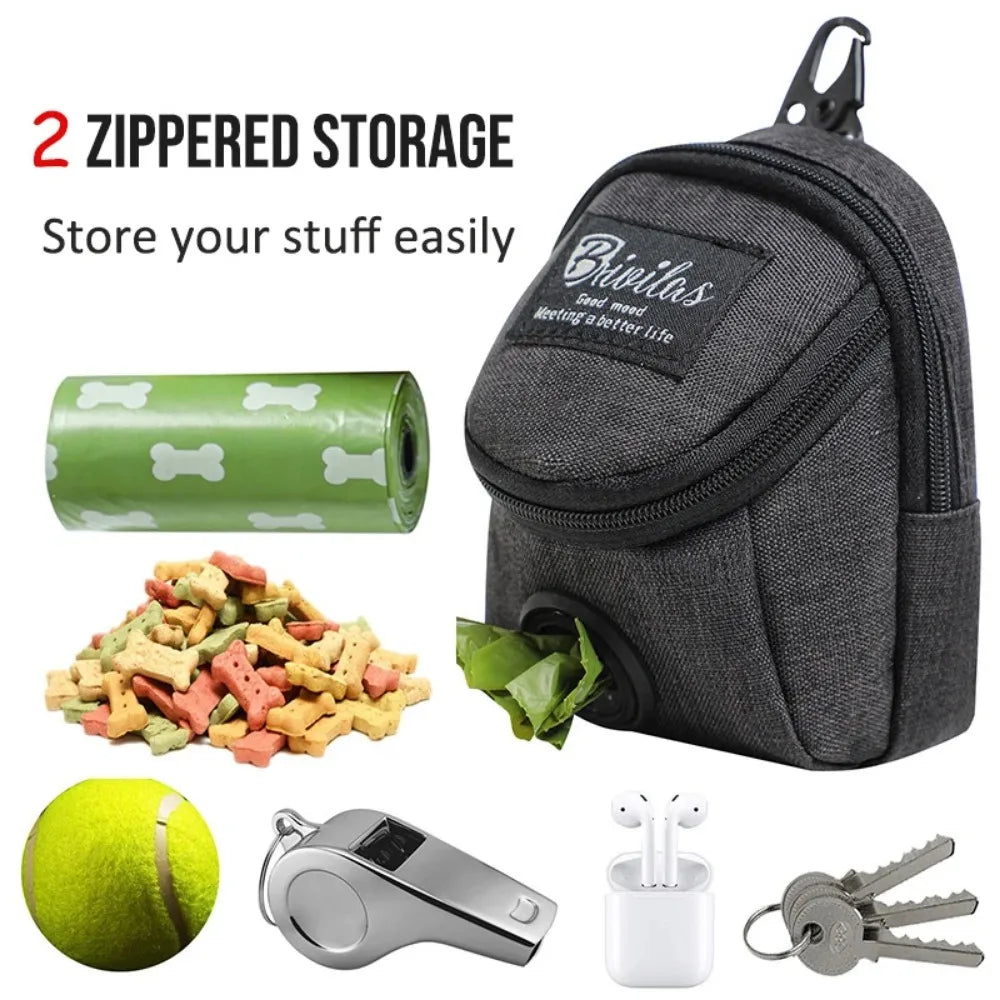Portable dog treat bag by S And B Enterprise; gray waist pouch with poop bag dispenser, shown with treats, bags, tennis ball, whistle, and earbuds case.