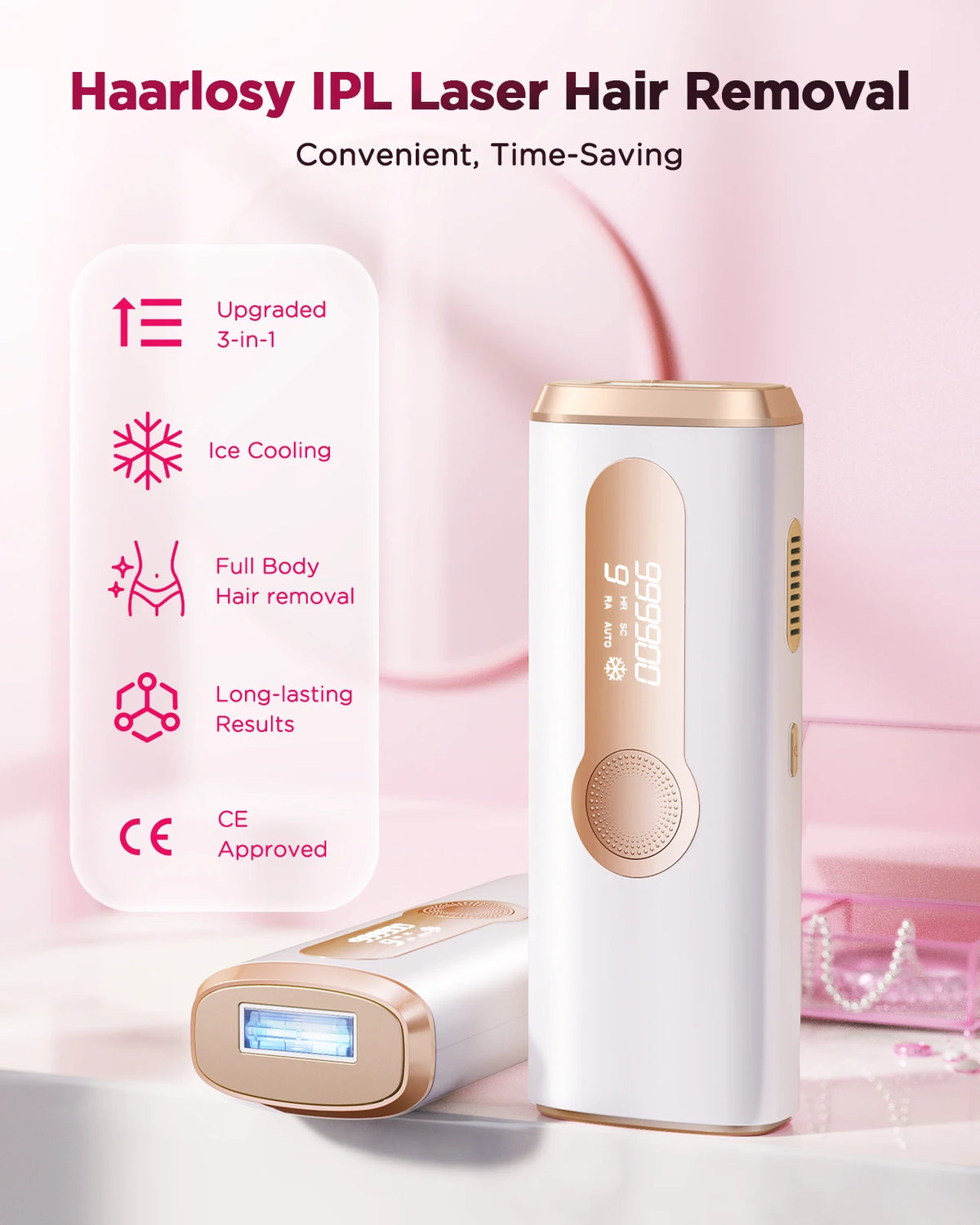 IPL hair removal devices (2) in white with rose-gold accents, compact wand design