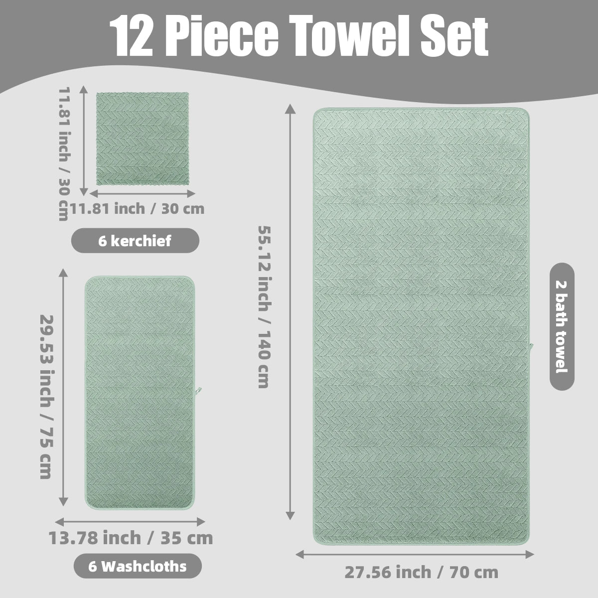 S And B Enterprise 12-Piece Towel Set in mint green; 2 bath, 4 hand, 6 face towels; soft, absorbent.