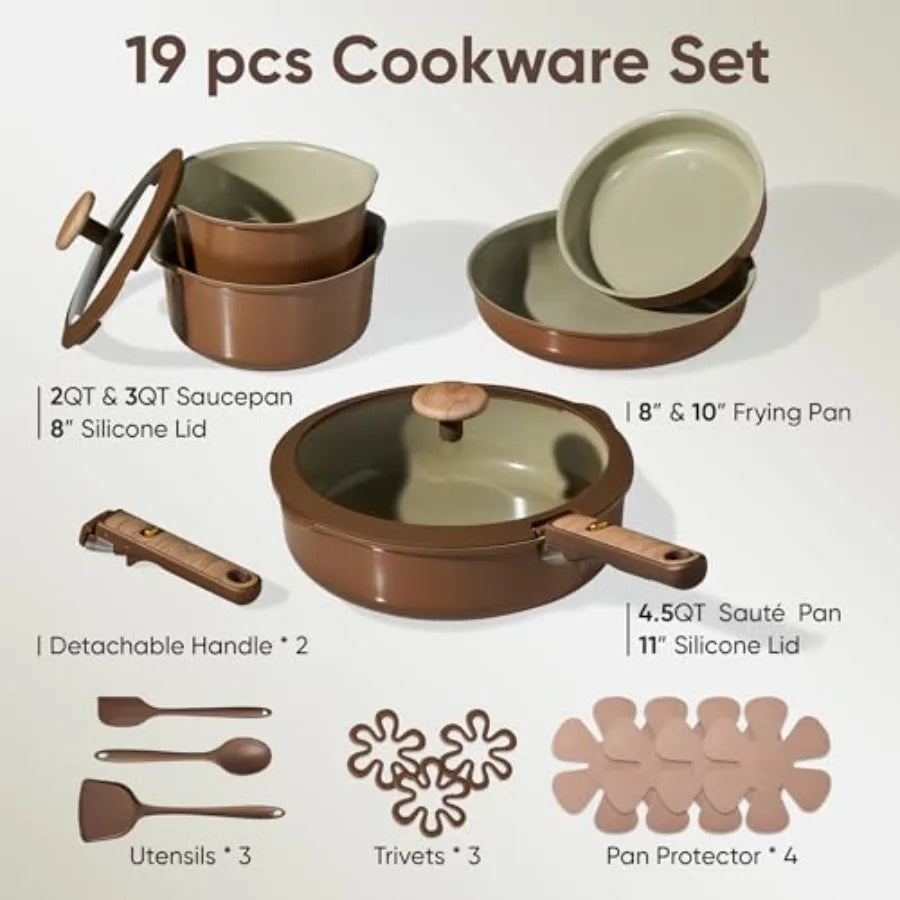 Ceramic nonstick cookware set with detachable handles, brown exterior and olive interior, 19-piece.