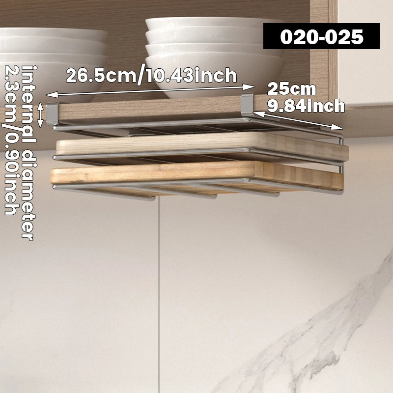 Stainless steel under-cabinet cutting board organizer rack by S And B Enterprise; hanging kitchen rack