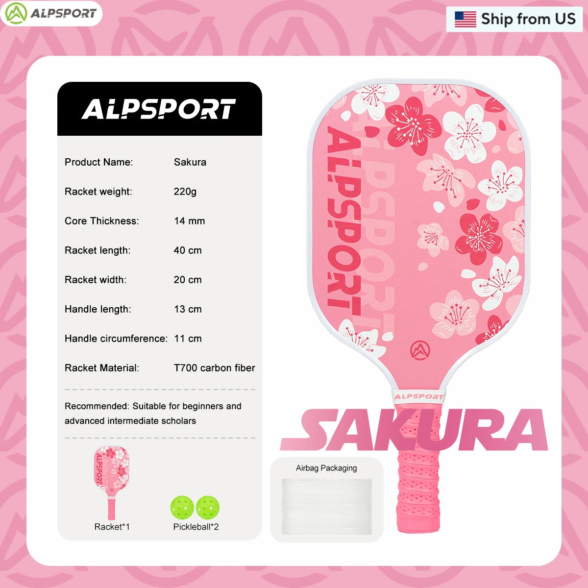 ALPSPORT Sakura USAPA Pickleball Paddle T700 Pro Training Set With 2 Free Balls