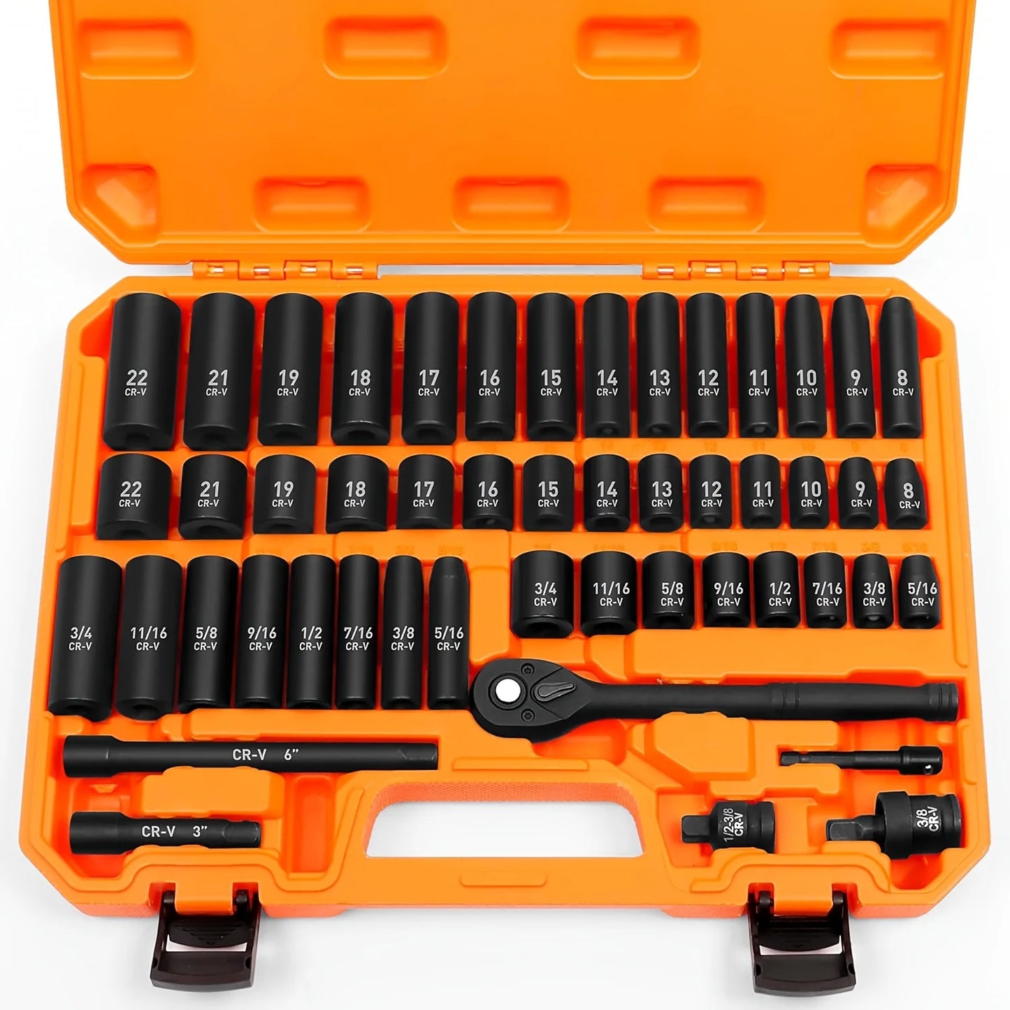 50-piece 3/8 in drive socket set in orange case with CR-V chrome vanadium impact sockets, extension bar and ratchet wrench.