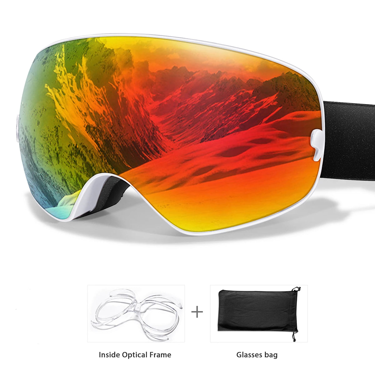 S And B Enterprise winter ski goggles with UV400 anti-fog mirrored orange lens; includes free optical frame and bag.