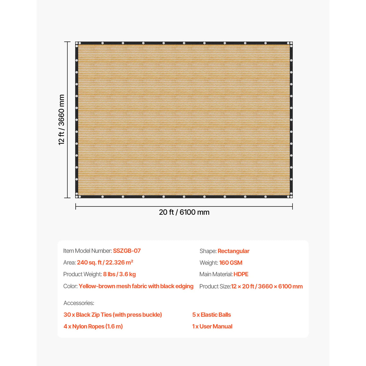 SucceBuy shade cloth 12x20 ft, yellow-brown HDPE mesh with black edging and grommets