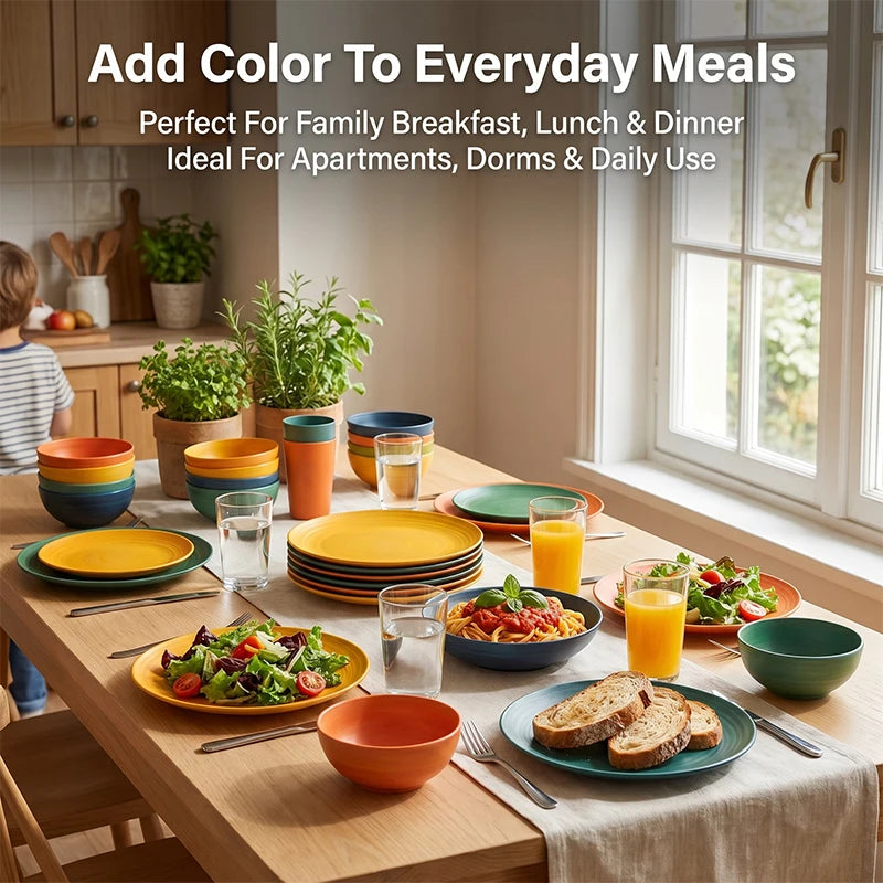 Wheat Straw Dinnerware Set For Eight Unbreakable Microwave Safe by S And B Enterprise