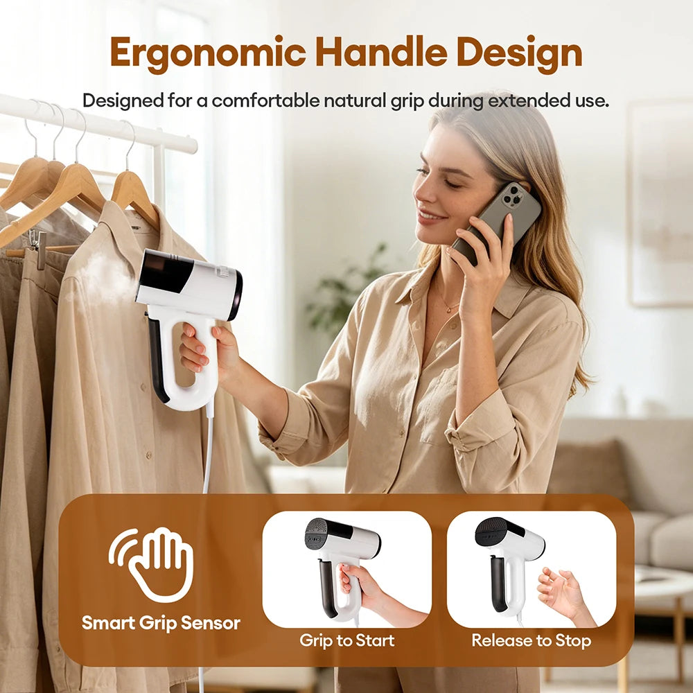 Handheld garment steam iron by S And B Enterprise; white with ergonomic grip for home travel