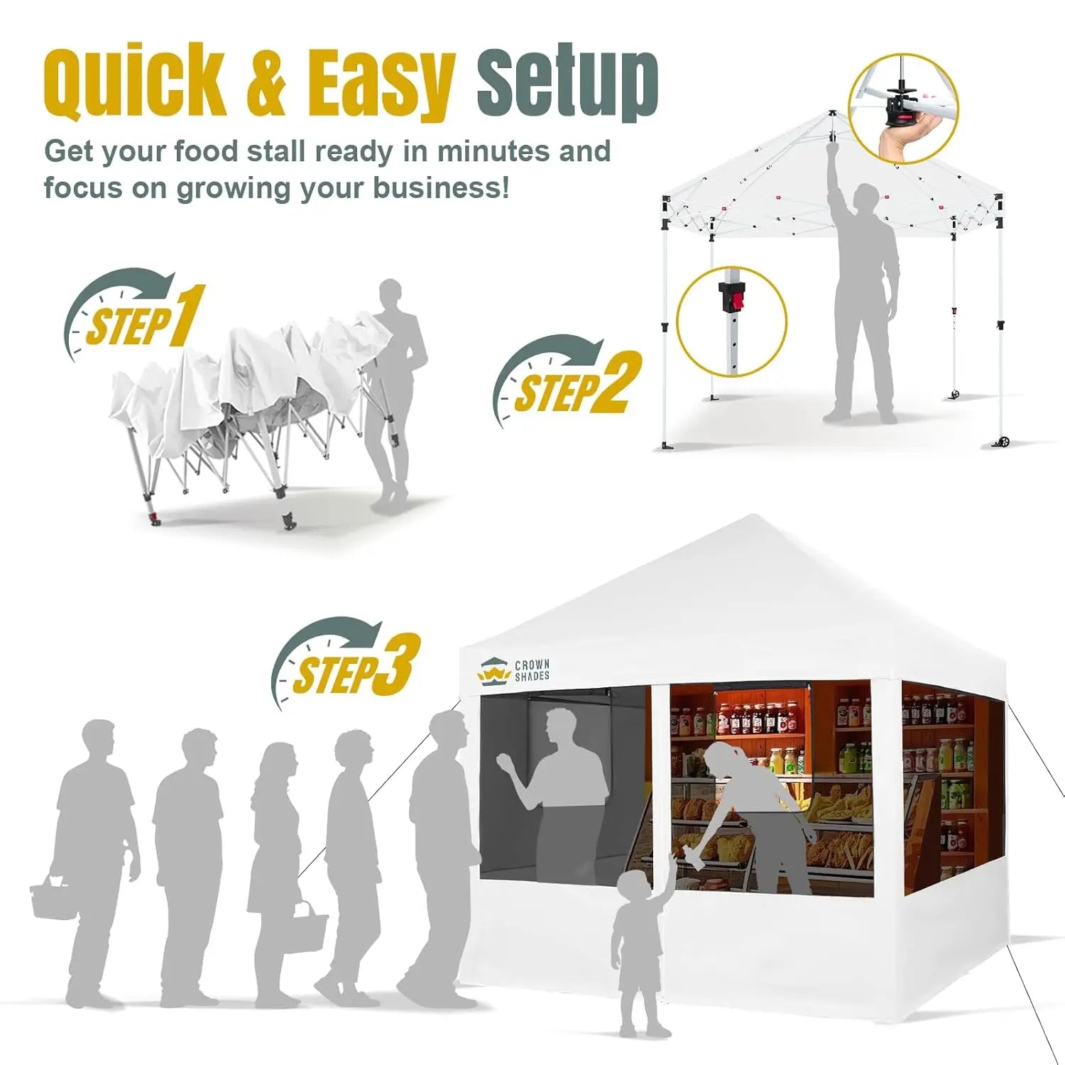 Pop Up Canopy Tent with 4 mosquito netting panels, white 400D fabric, instant one-person setup by S And B Enterprise.