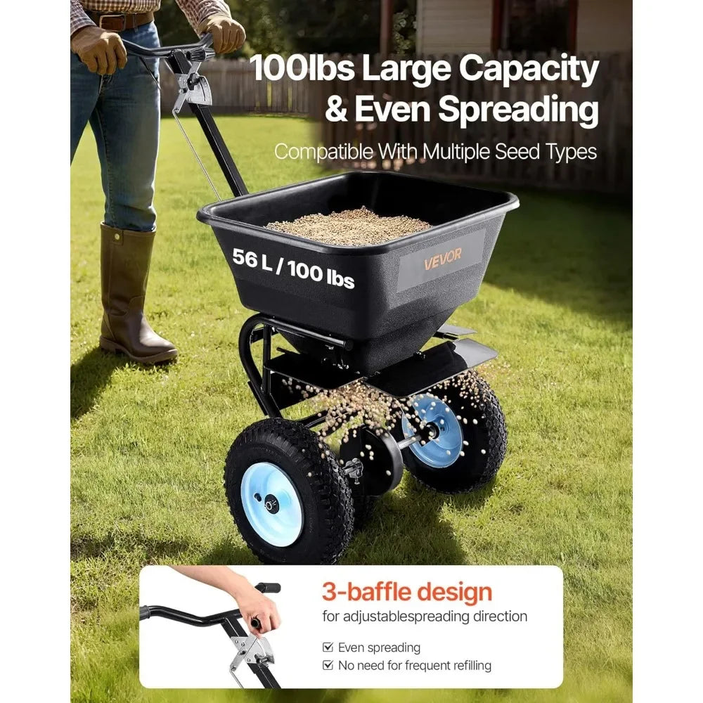 Walk-Behind Broadcast Spreader 100-Pound Capacity With All-Terrain Tires