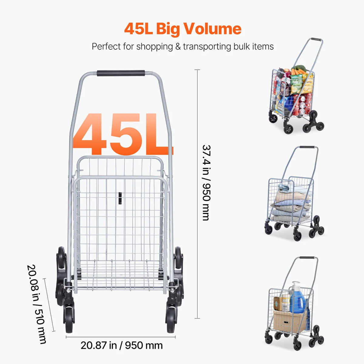 Folding shopping cart with metal frame and wire basket, 45L capacity, four wheels