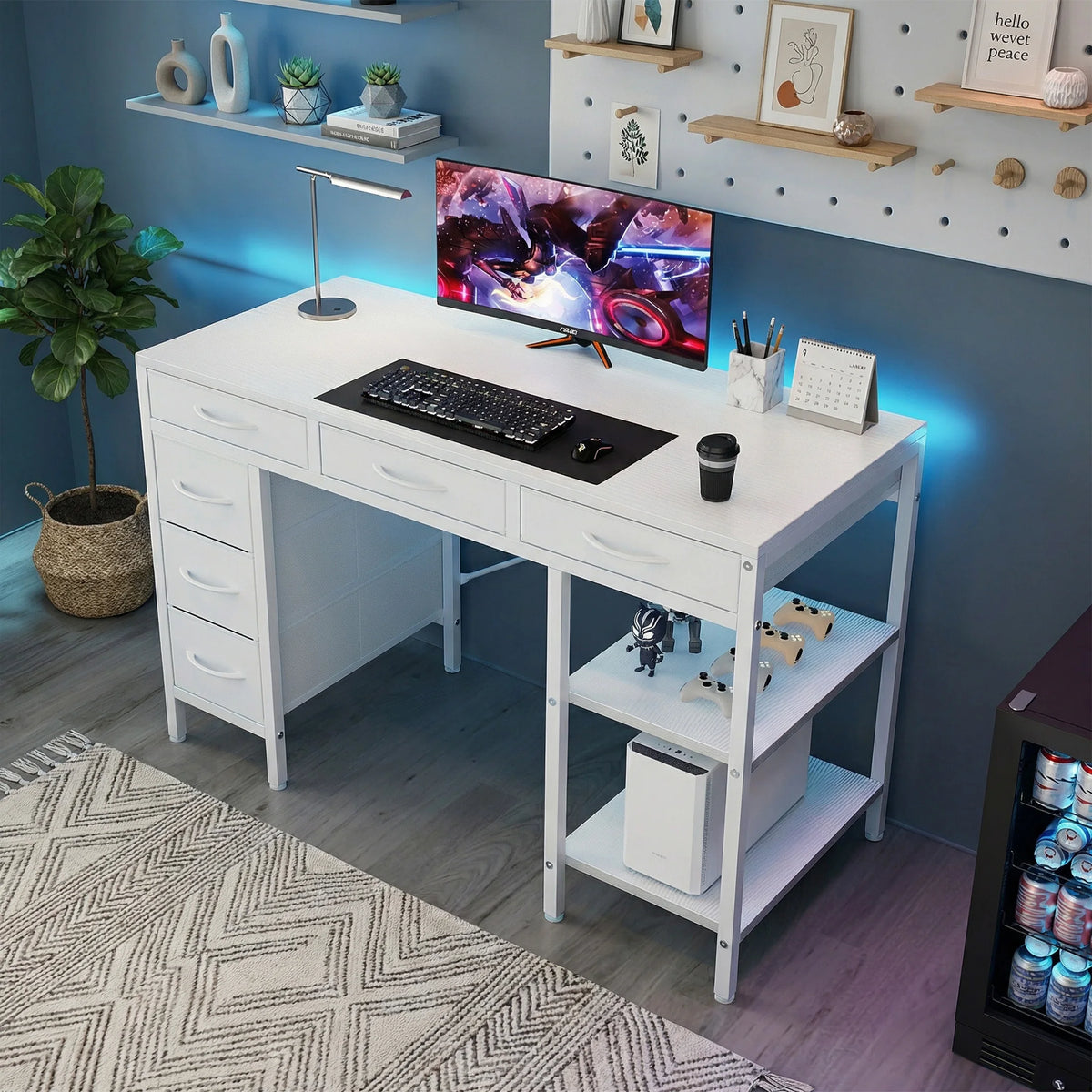 MCQ 47-inch white office computer desk with six fabric drawers and storage shelves