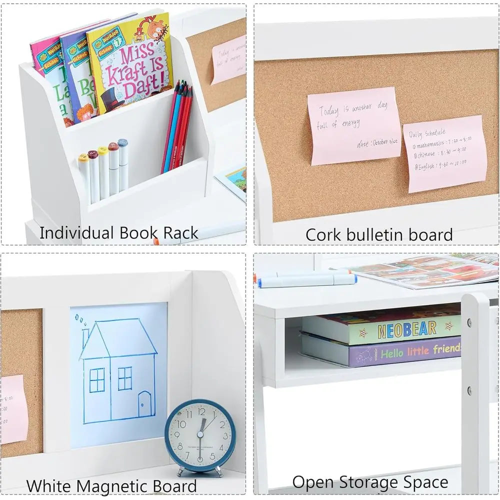 White wooden kids study desk and chair set with hutch, cork bulletin board and open storage