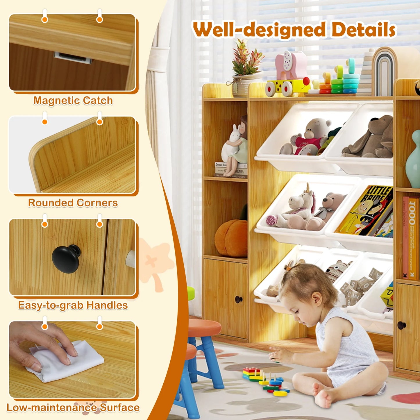 S And B Enterprise Kids Toy Storage and Bookshelf with 8 boxes, open shelves and 2 single-door cabinets in natural wood finish