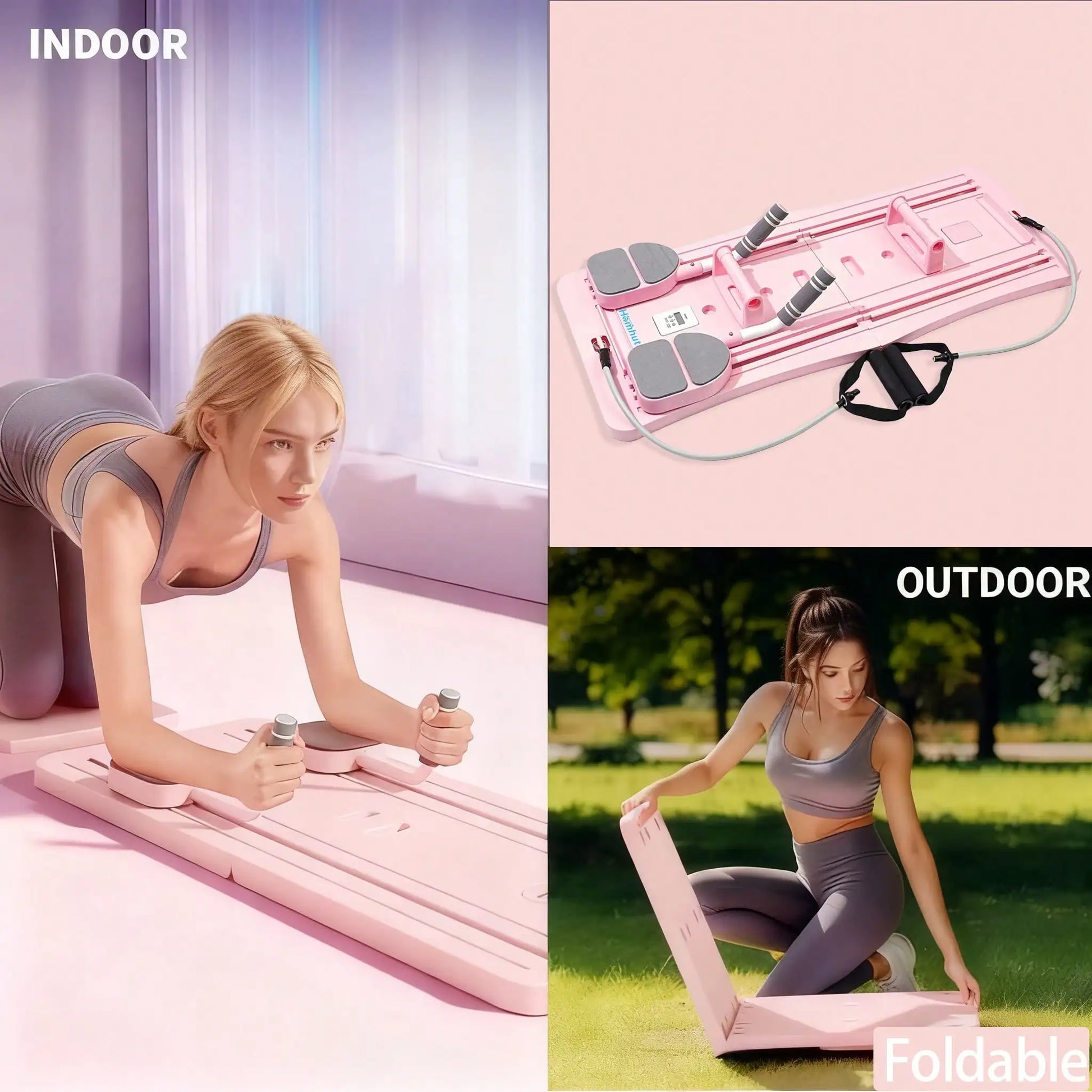 Pilates sliding board reformer foldable with resistance bands pink full-body workout board by S And B Enterprise