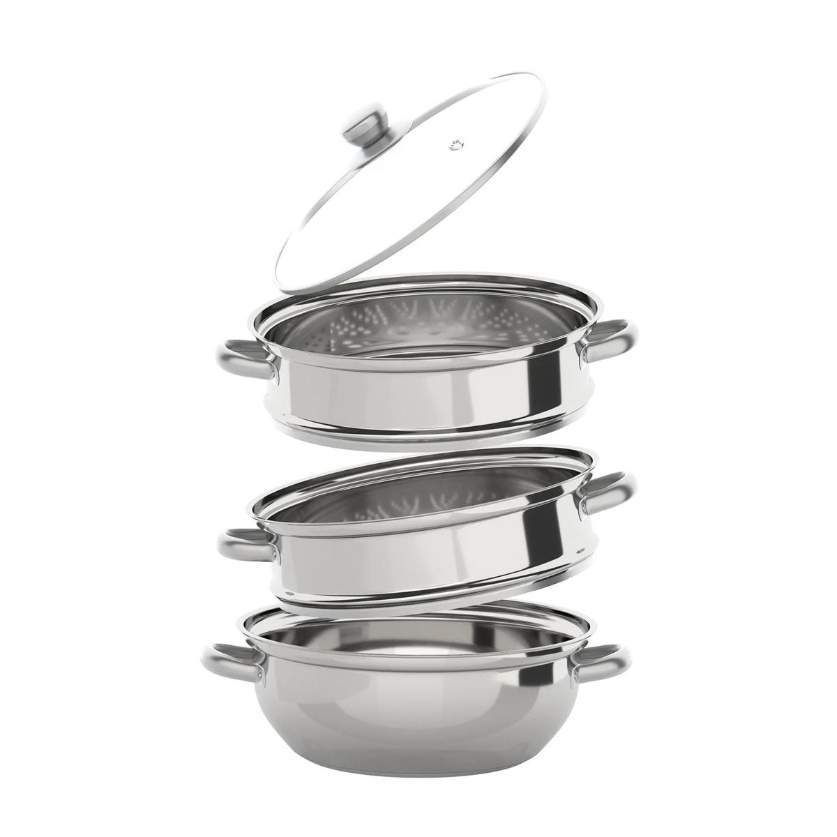 3-tier stainless steel steamer set in silver with glass lids, 28cm