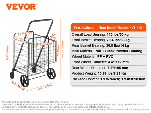 SucceBuy Folding Shopping Cart With Waterproof Liner And 360 Degree Wheels