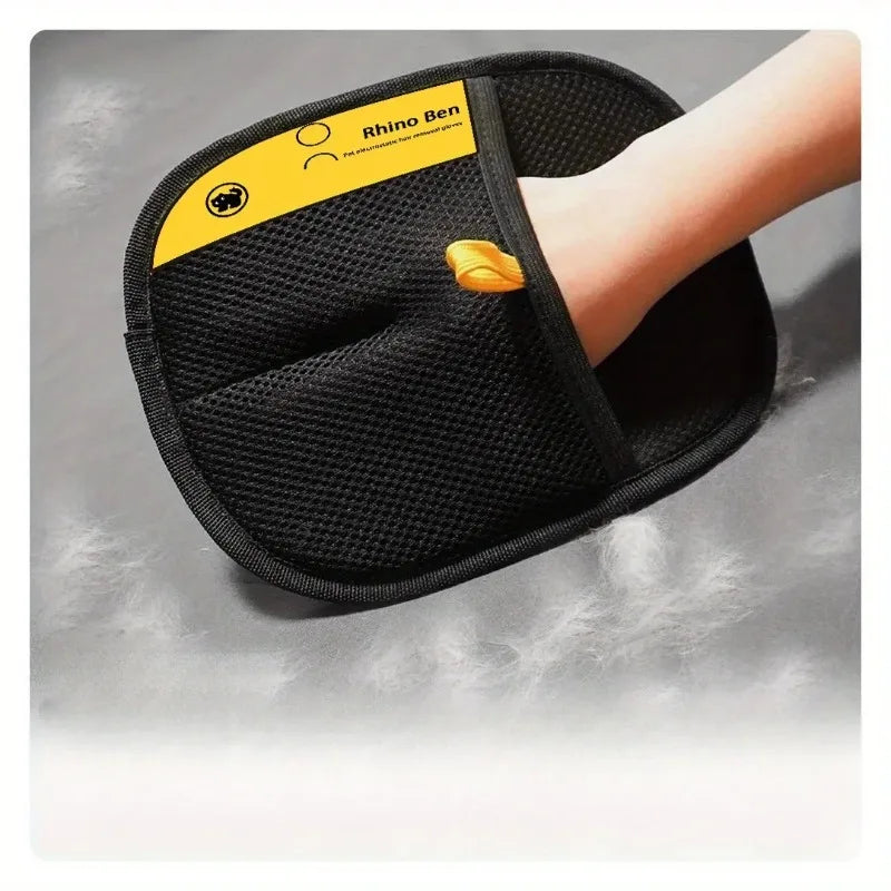 2-piece black double-sided pet grooming gloves with orange pull tab and Rhino Ben label