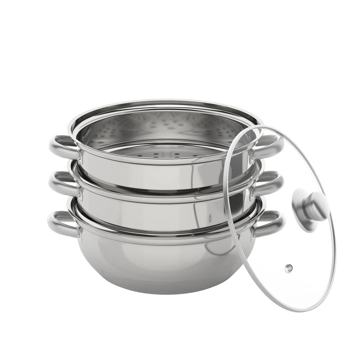 3-tier stainless steel steamer pot set with glass lid, silver, 28cm, S And B Enterprise
