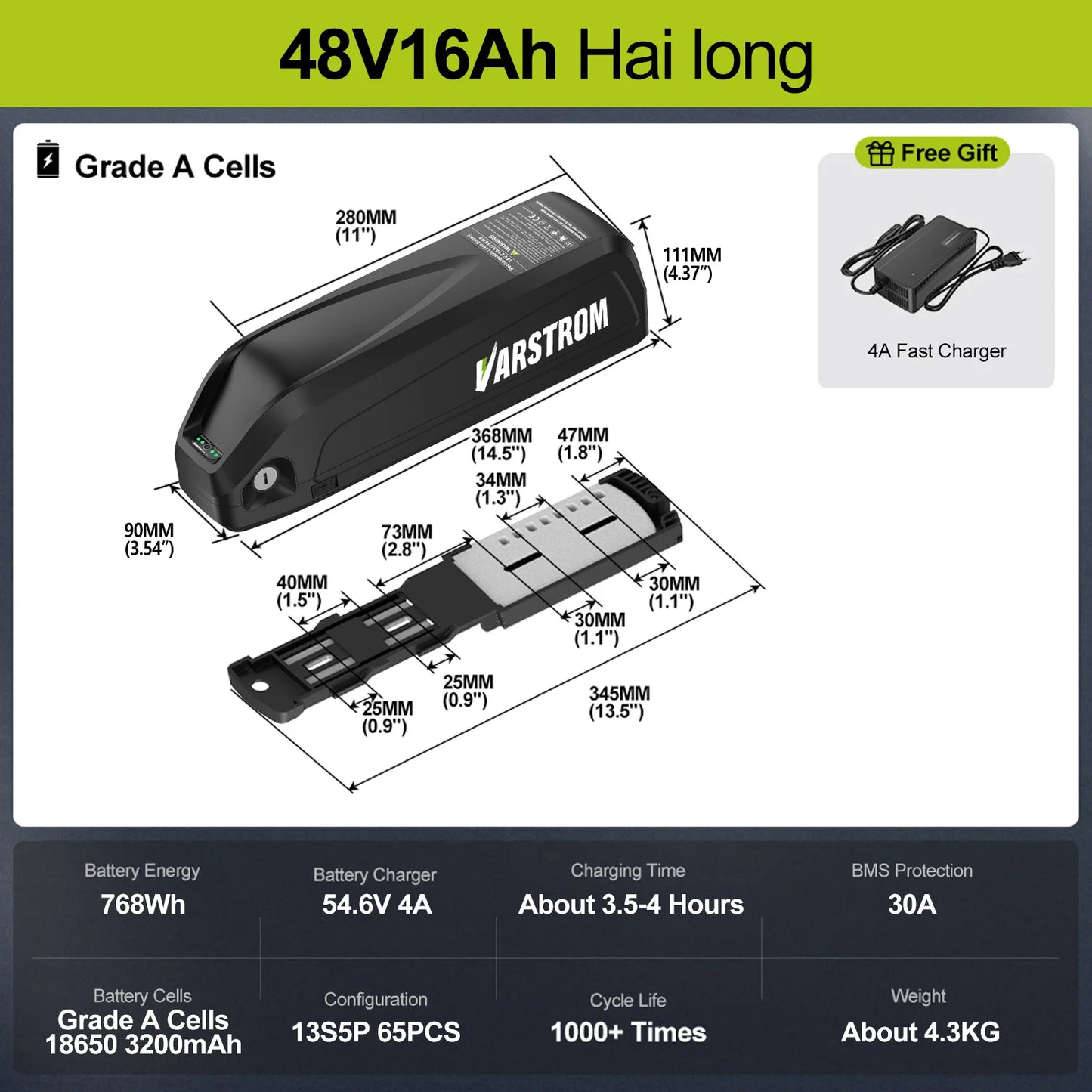 US Direct Hailong Battery Pack 48V 40A BMS Downtube 21700