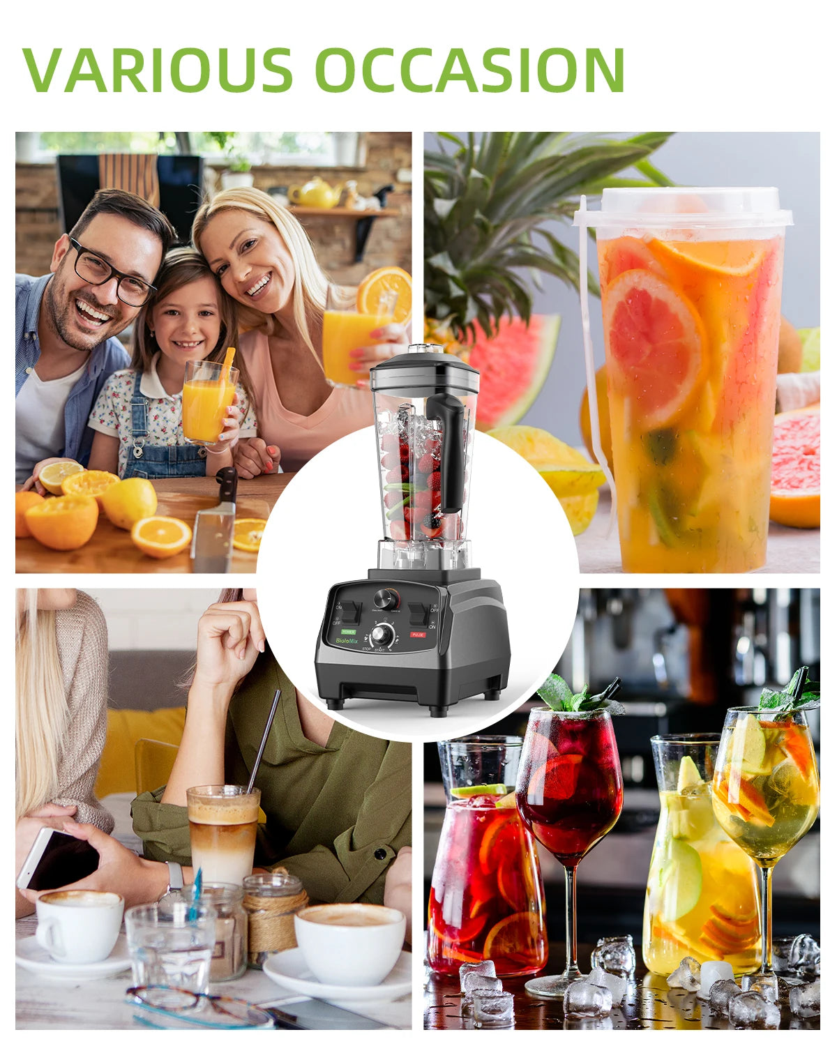 BioloMix 3HP blender with 2L jar, black base and clear pitcher filled with fruit for smoothies