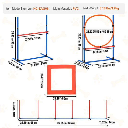 SucceBuy Dog Agility Training Equipment 4 PCS Set with Adjustable High Hurdles 6 Weave PolesJump Ring Square Pause Box Whistle by S And B Enterprise