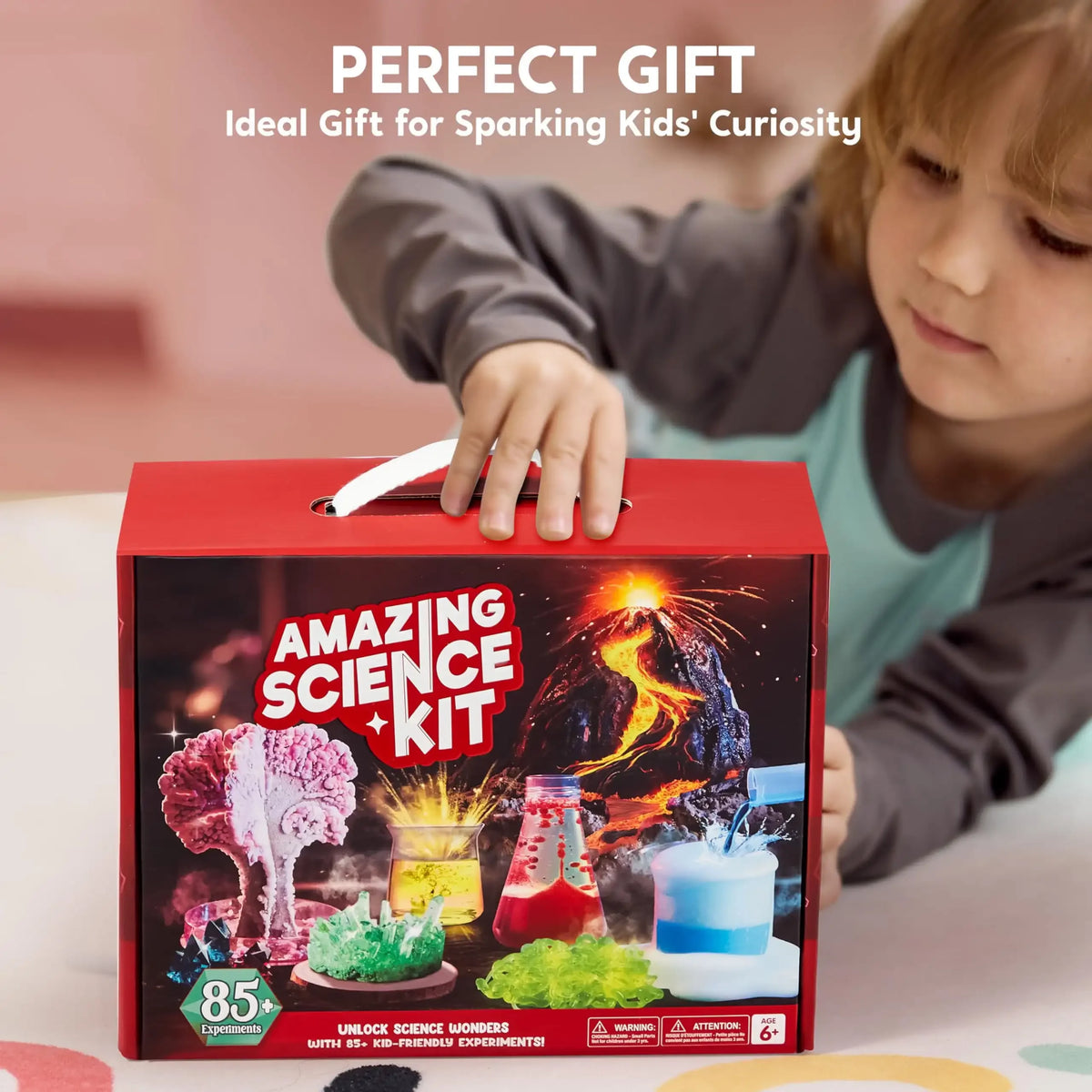 Red Joyfy Amazing Science Kit box for kids, 85+ experiments, featuring volcano and colorful crystals.