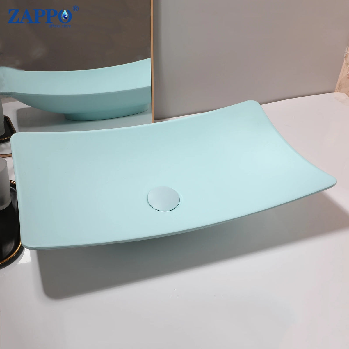 ZAPPO bathroom vessel sink with drain, mint blue stone-resin washbasin for above-counter use