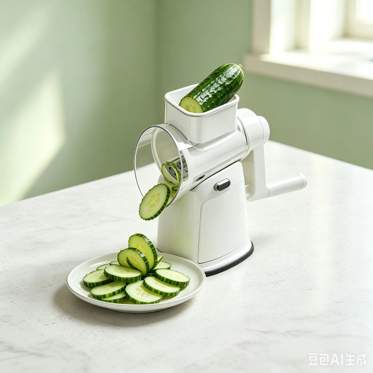 Cheese Grater with Rotary Hand Crank, Vegetable Chopper with Replaceable Stainless Blades, Strong Suction Base, Easy-Clean Multipurpose Kitchen Slicer
