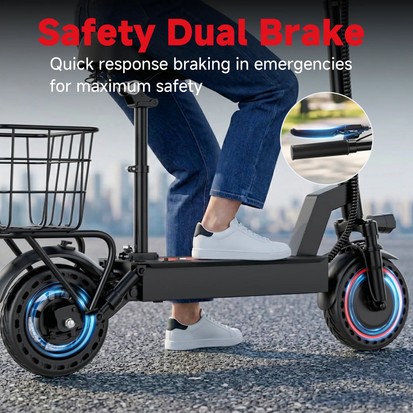 Electric folding bike with front basket and blue-lit rims