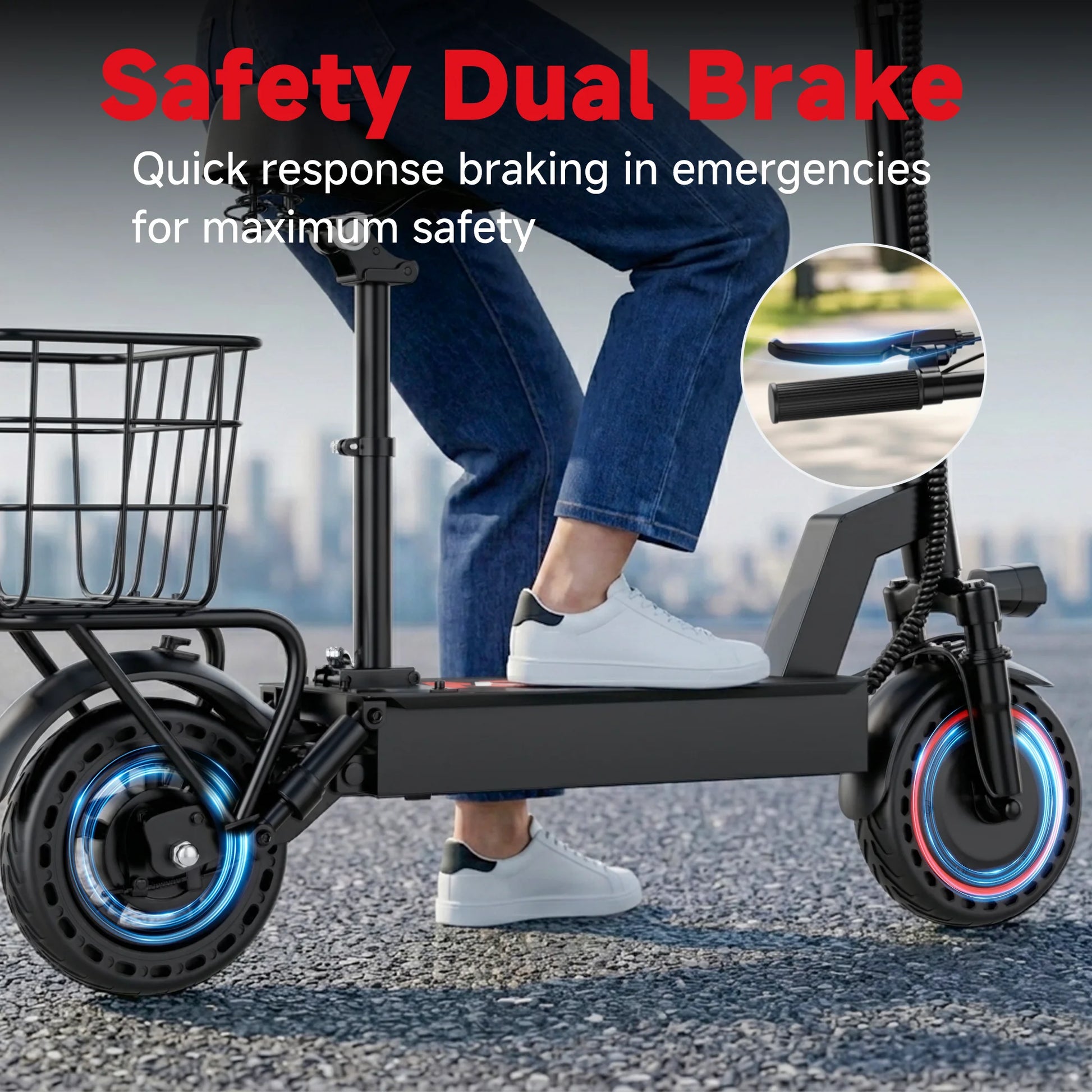 Electric folding bike with front basket and blue-lit rims