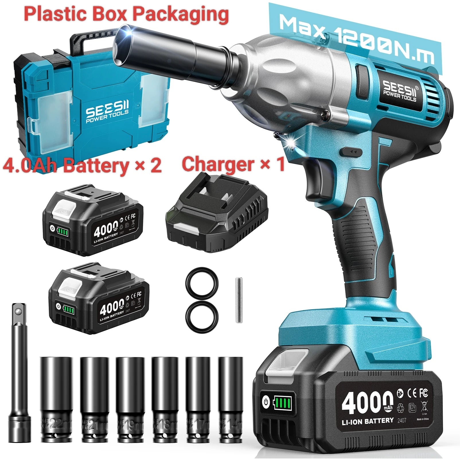 Seesii Impact Wrench 1200N.m 1/2 High Torque Electric Impact Driver Gun Cordless with 21V 2x4.0Ah Battery 6 Sockets Removal Tool by S And B Enterprise