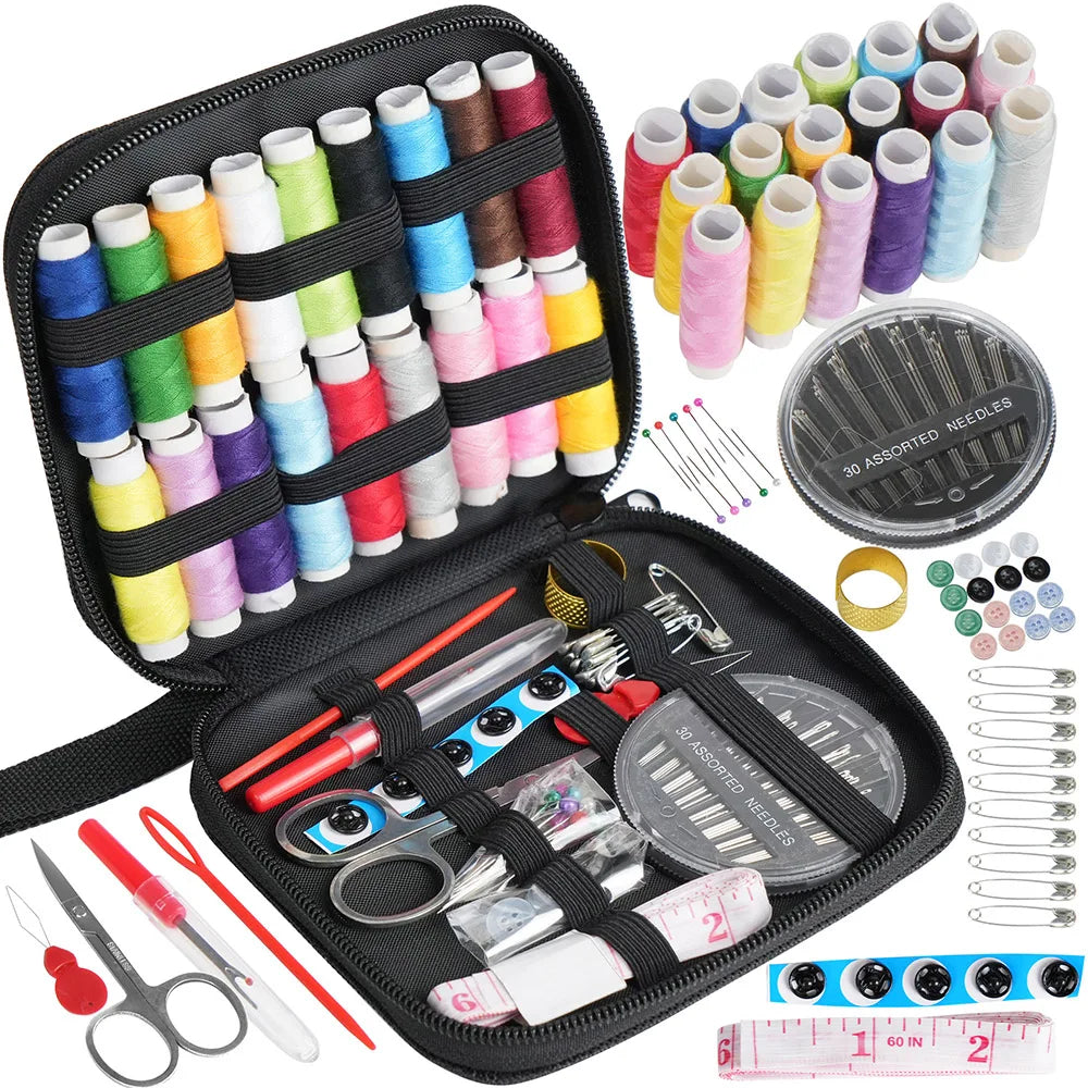 Sewing kit with mixed-color thread spools in a black canvas portable case, including needles, pins, and scissors.