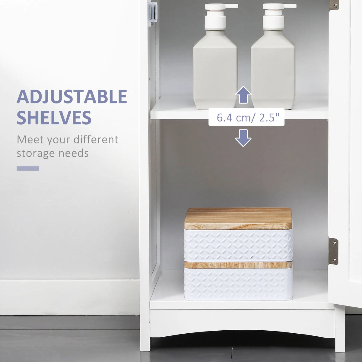 Tall narrow white bathroom storage cabinet by S And B Enterprise with adjustable shelves; two pump bottles on top shelf