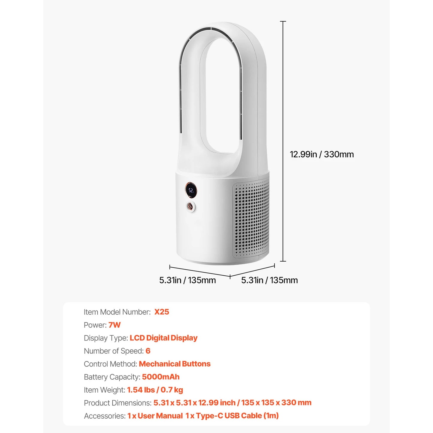 SucceBuy Bladeless Desk Fan 6 Speed USB Quiet Cooling