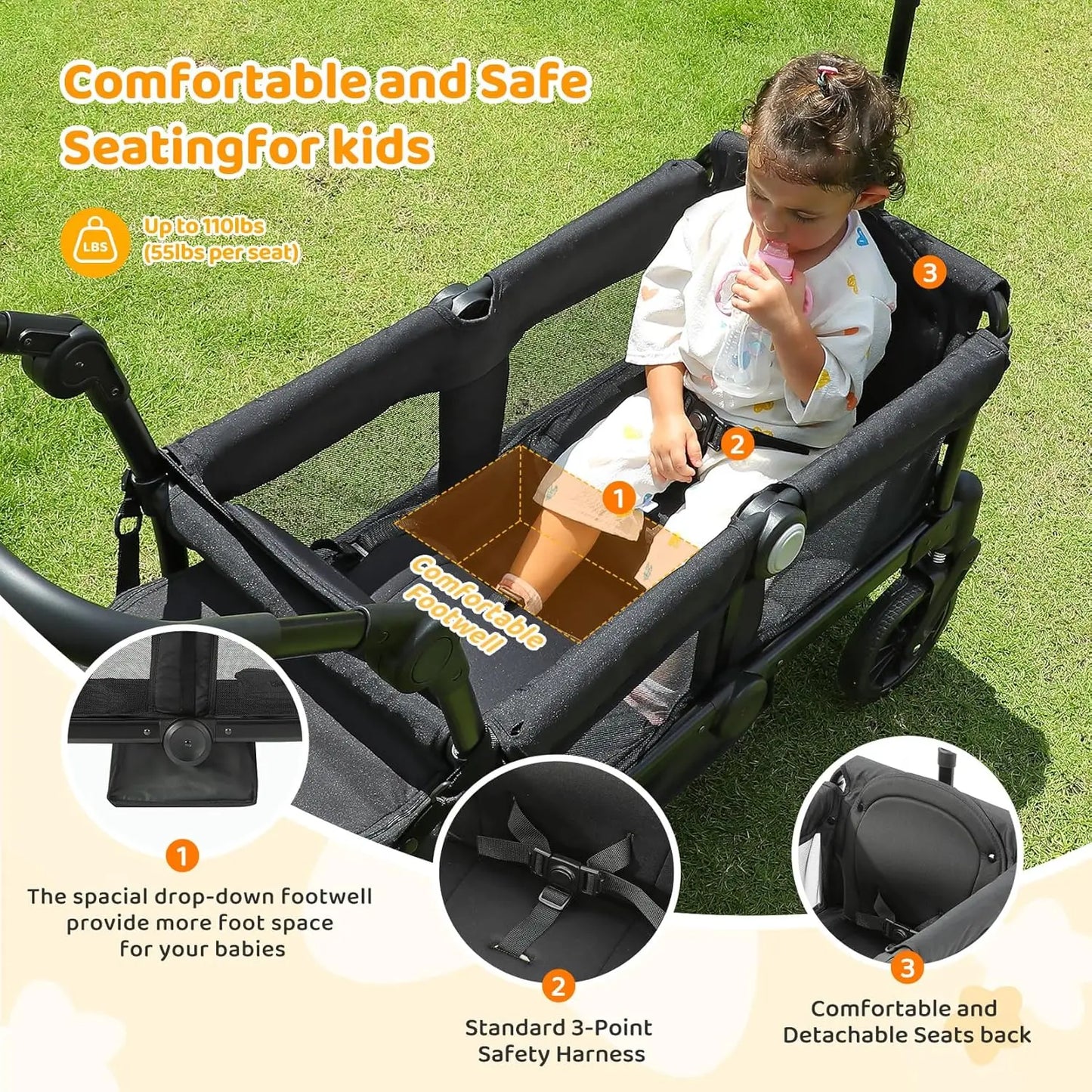 Foldable All-Terrain Wagon Stroller for Two Kids With Removable Canopy