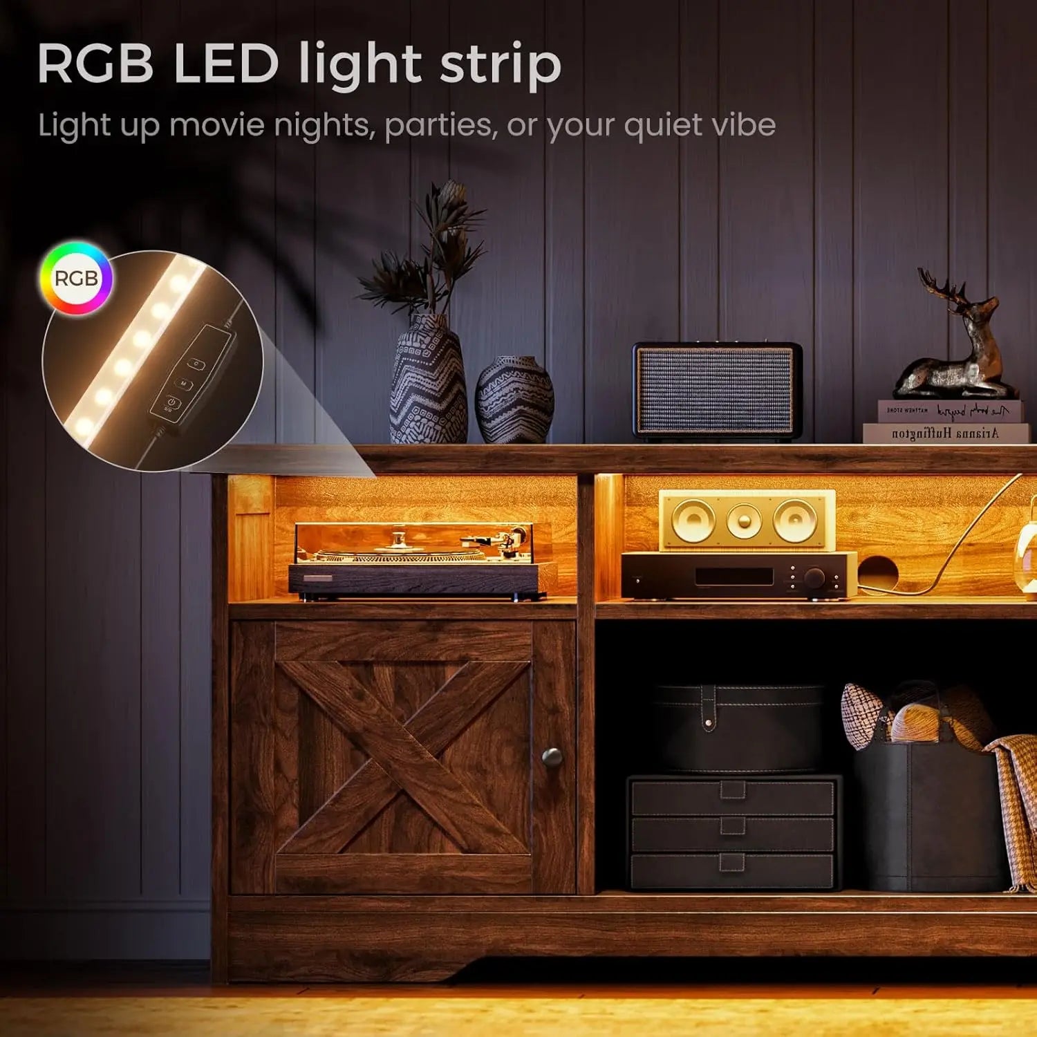 BIANXIANG Farmhouse TV Stand With Power Outlet And LED Lighting by S And B Enterprise