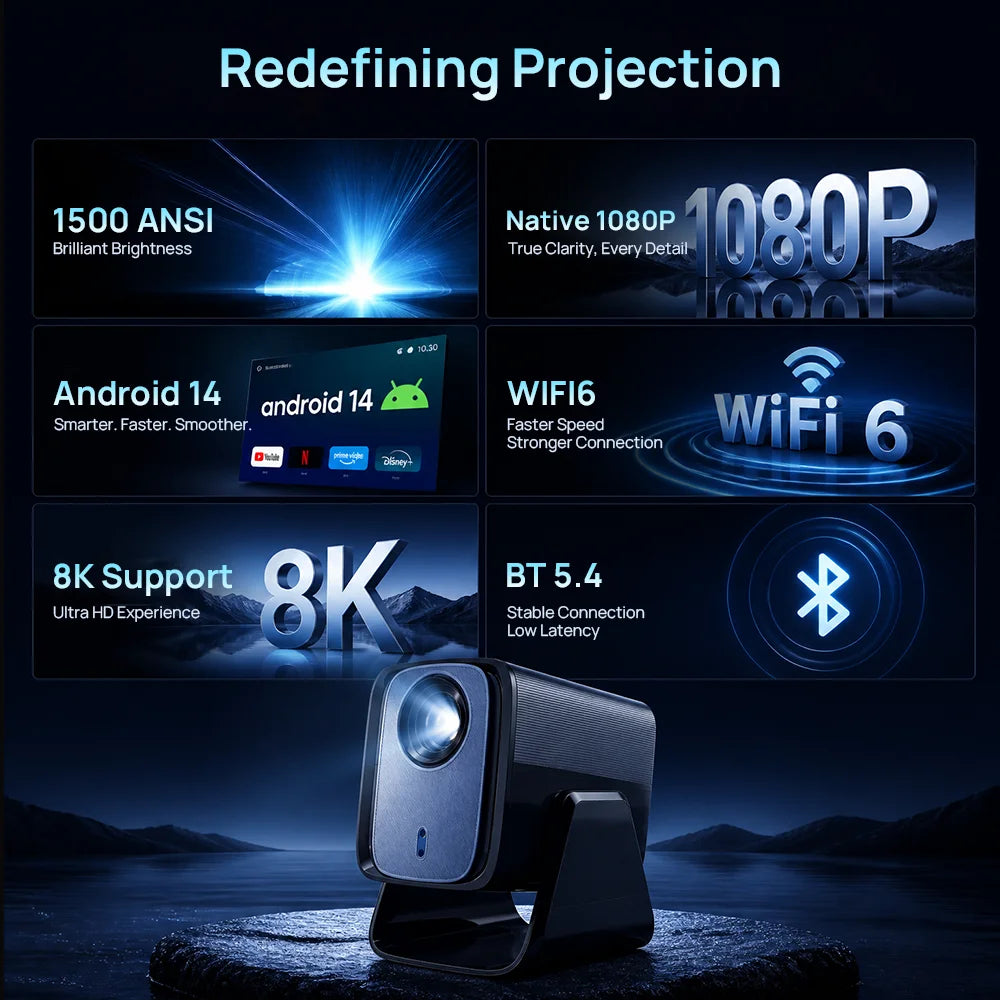 LYNCast 4K Smart Projector, portable home theater device with Android 14, WiFi6 and BT 5.4