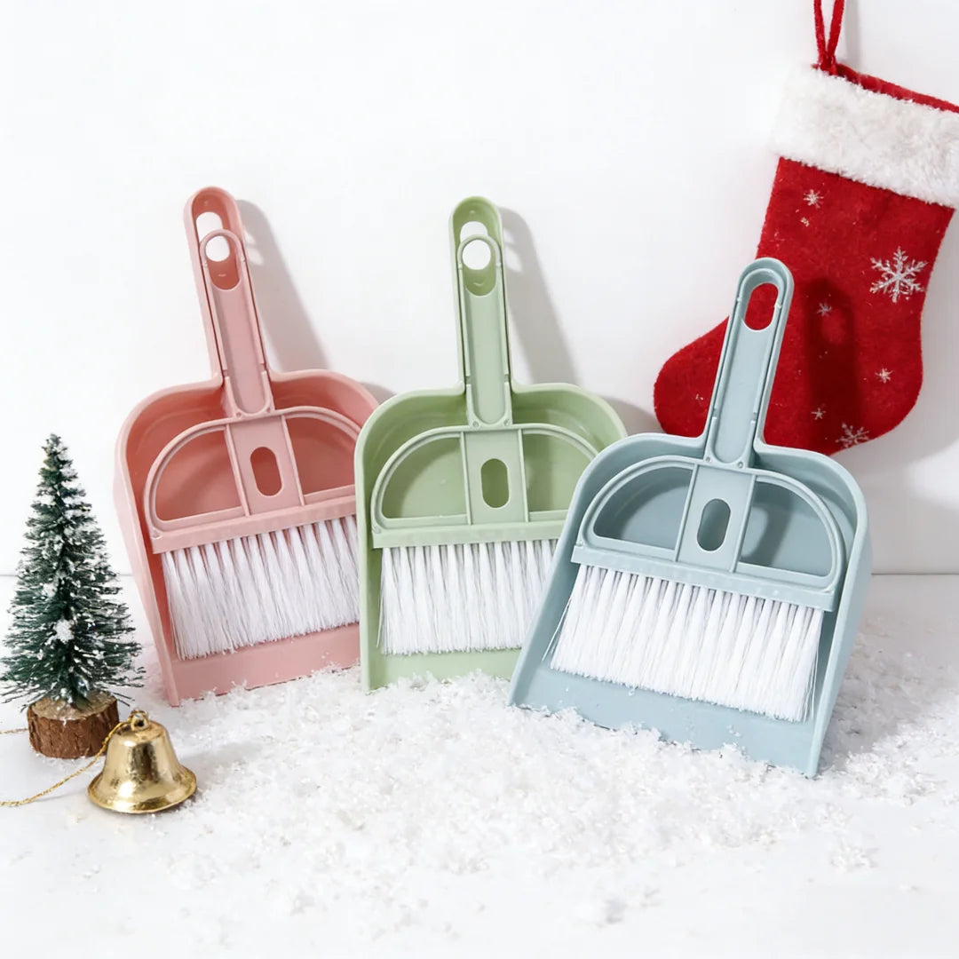 3-pack mini desk broom and dustpan set in pink, green, and blue for cozy home desks