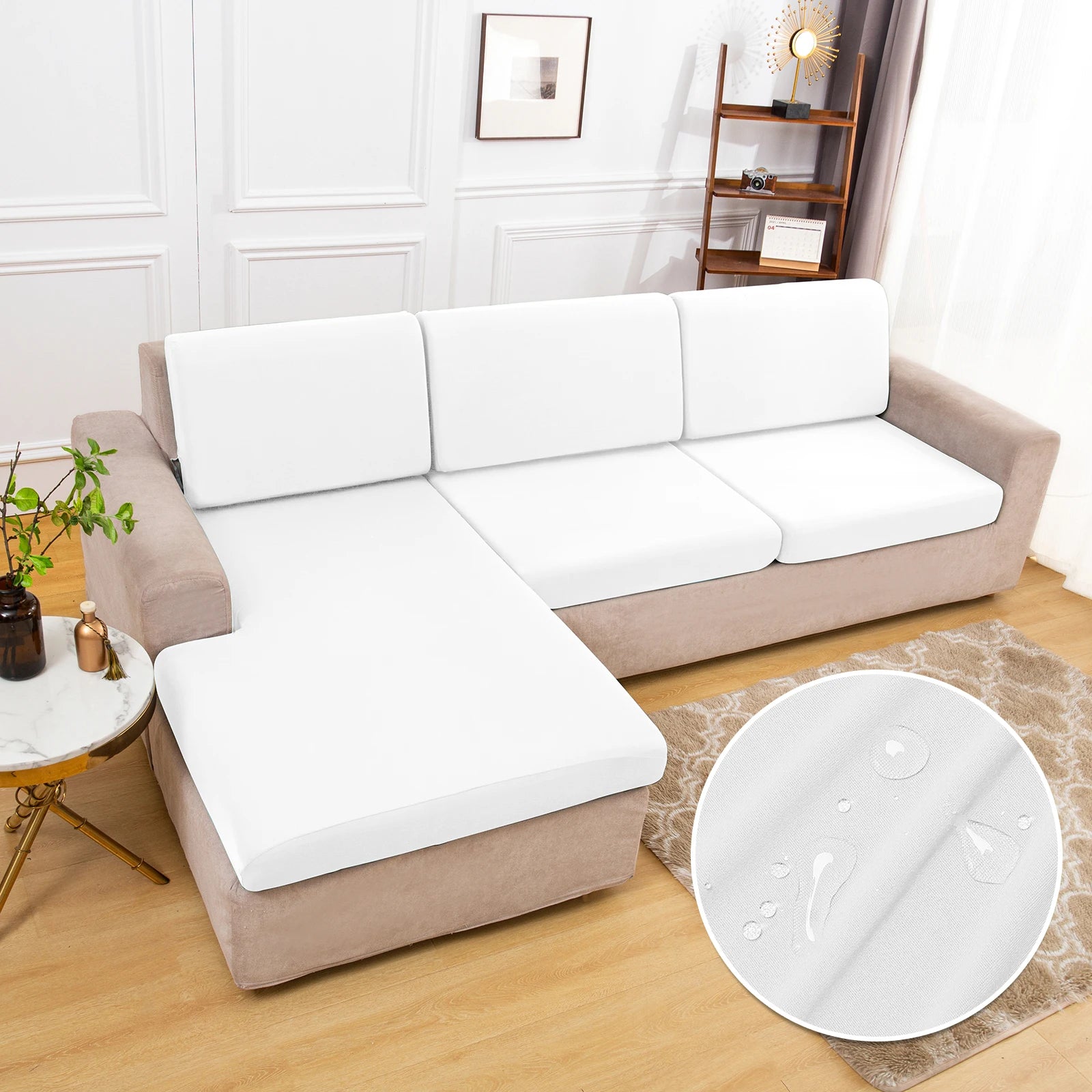 Waterproof sofa cushion covers by S And B Enterprise; non-slip, silky stretch white covers on a beige 3-seat sofa