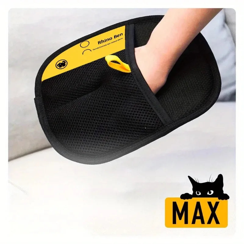 2-piece black double-sided pet grooming gloves with Rhino Ben label; fur-absorbing cat hair cleaning mitts.