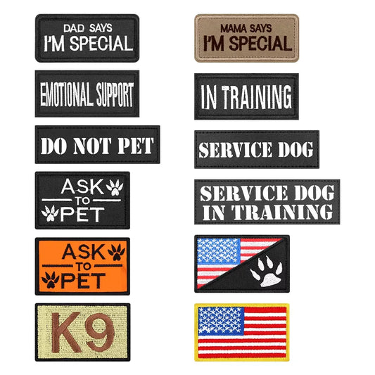 12-piece dog patch set for vests/collars including Do Not Pet, Service Dog, In Training, Ask to Pet, K9, flag patches