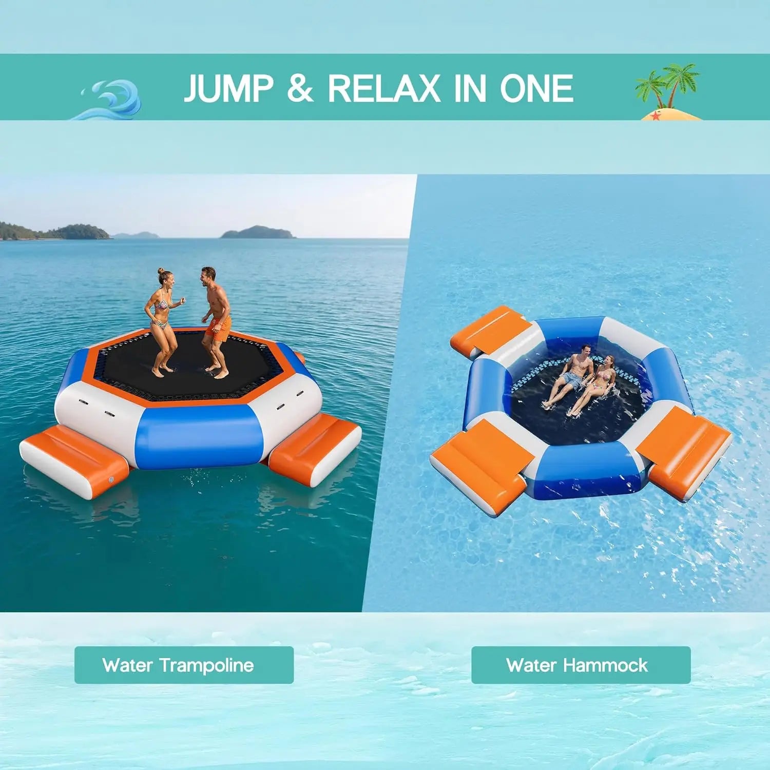 S And B Enterprise inflatable water trampoline and water hammock, 15ft blue/orange/white 3-platform bouncer